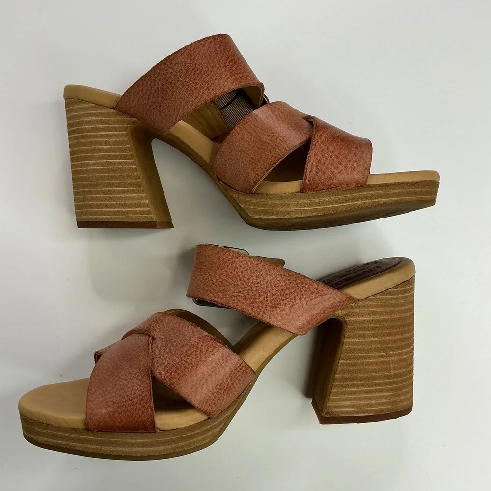 Kork-Ease Brown Leather Platform Sandal Women Size 9M Block Heel Slide K70428